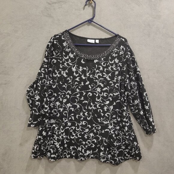 Kim Rogers Curvy Pullover‎ Blouse Top Women Size 2X Black White Floral - Picture 1 of 5